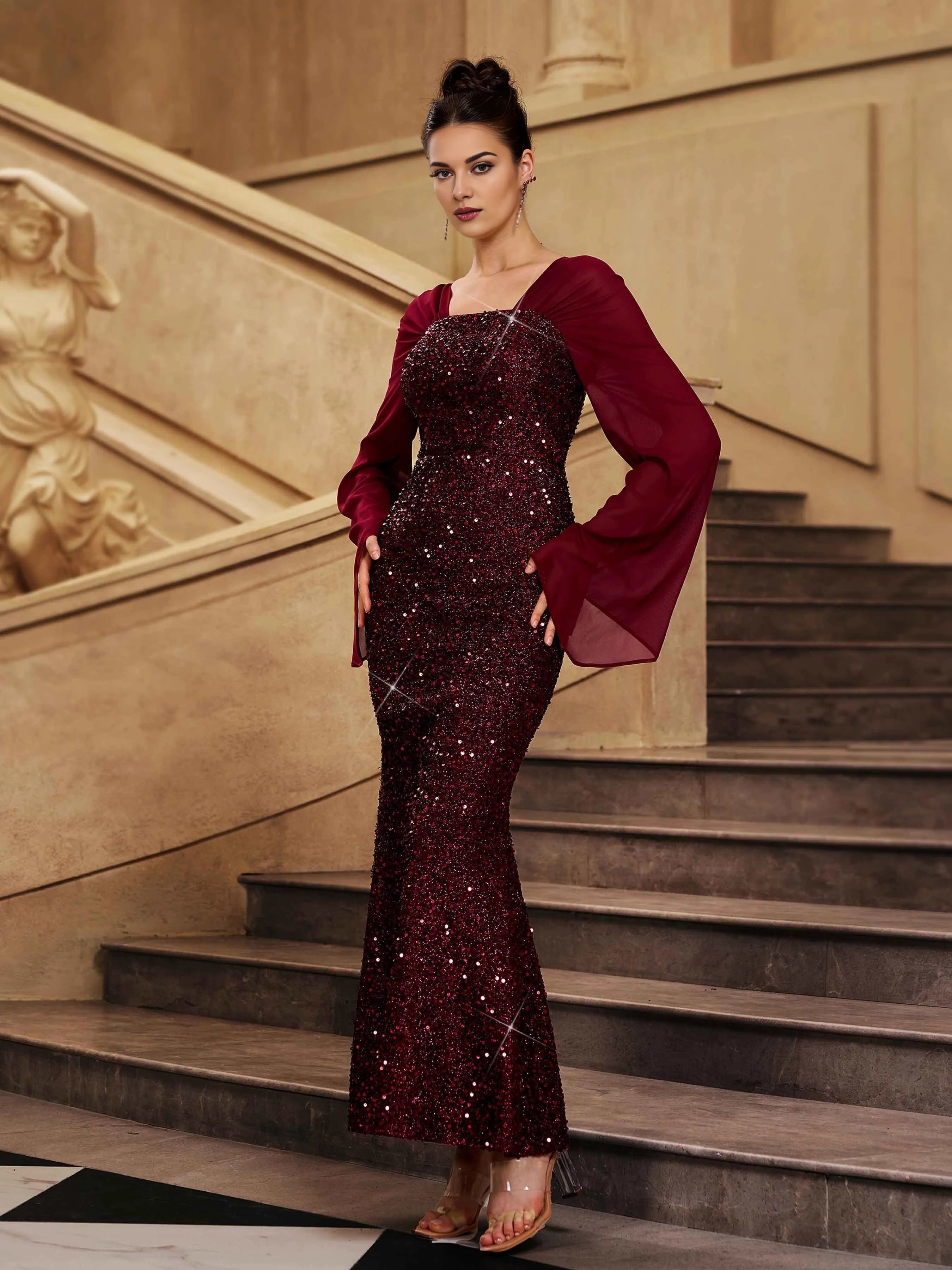 Luxury Mermaid Square Neck Bell Sleeve Back Zip Floor-Length Prom Dress